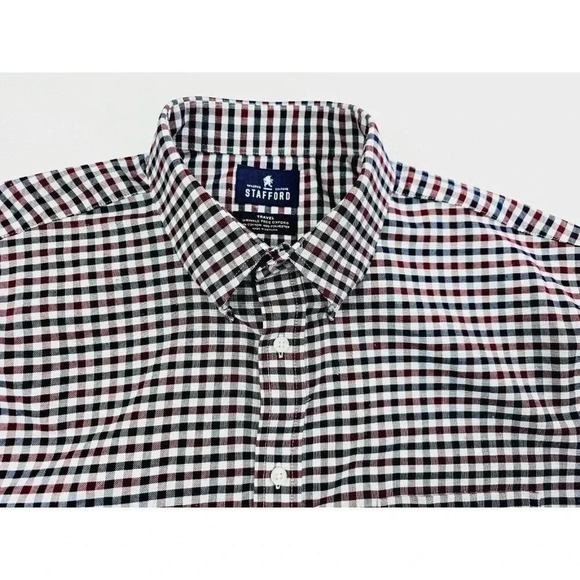 Stafford Regular Fit Size 17 32-33 Men's Burgundy White Blue Check Travel Oxford - Picture 1 of 9
